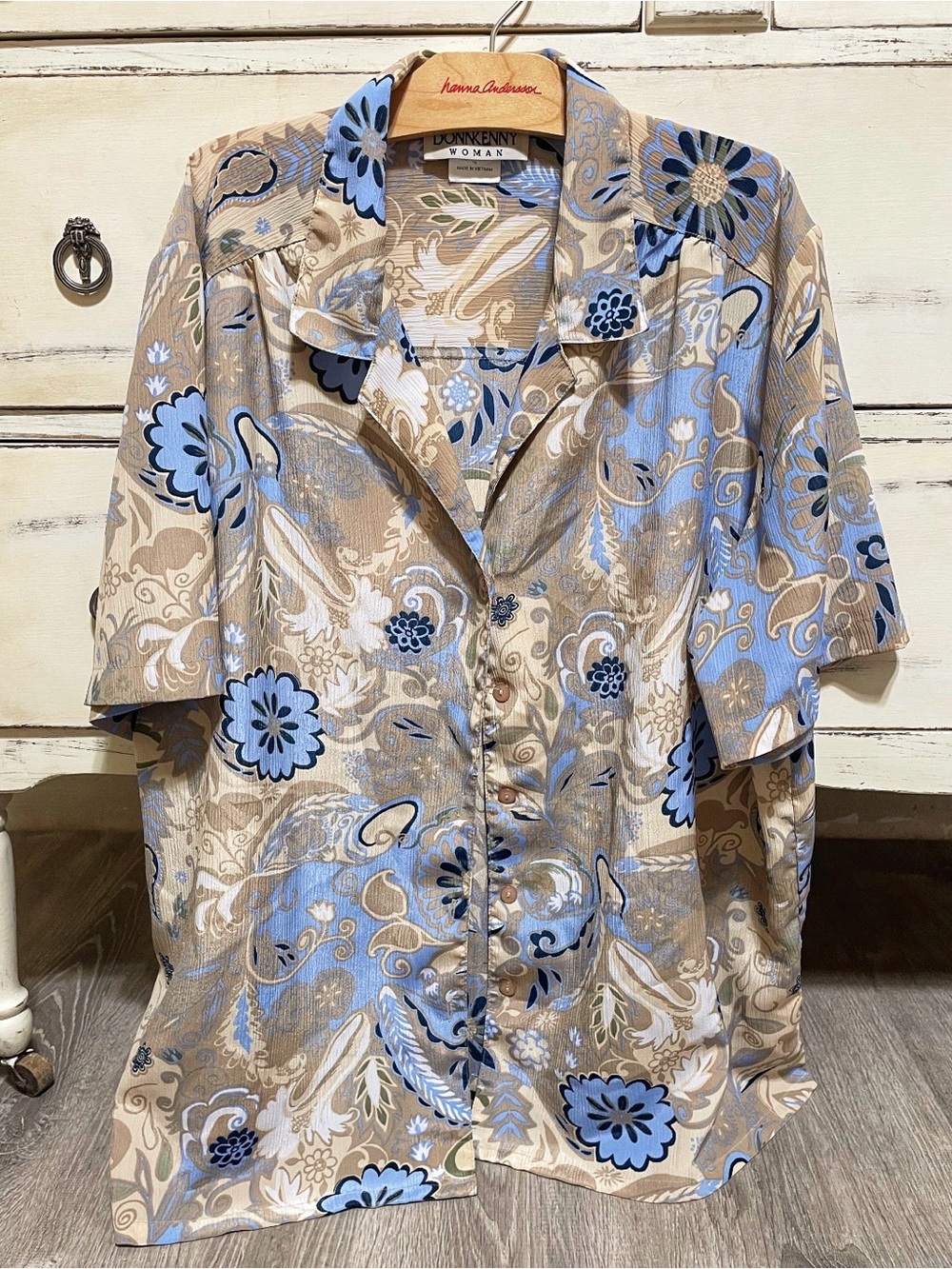 Donnkenny Blue & Beige Floral Short Sleeve Button-Down Shirt